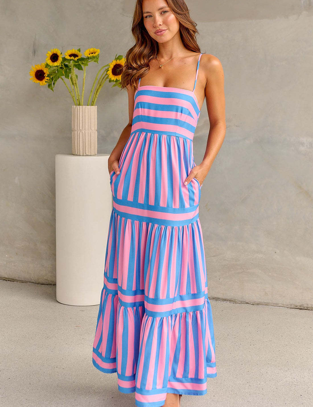 Women's Striped Suspender Maxi Dress Pink Dress