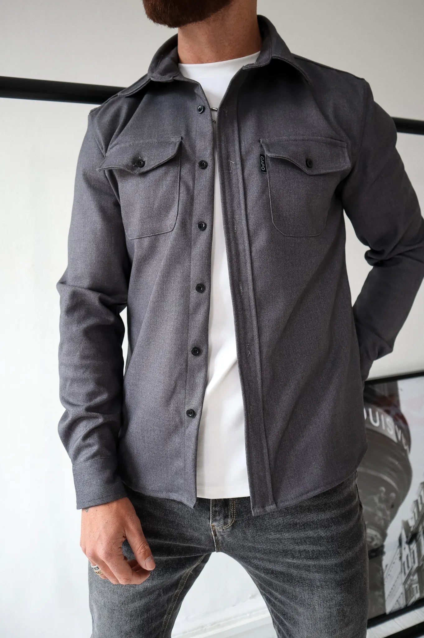 Men's Casual Button-Up Shirt Jacket with Front Pockets Dark gray Men Shirts
