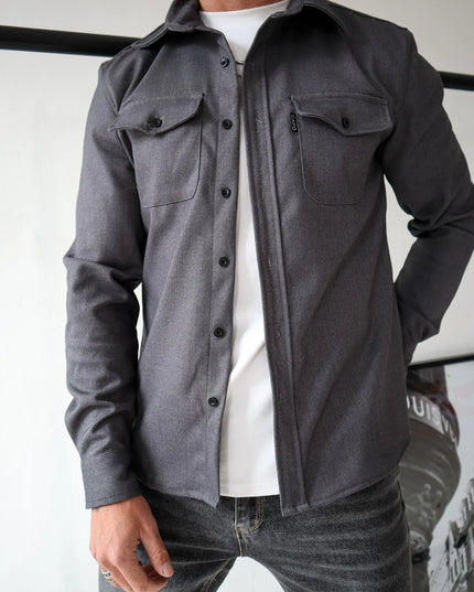 Men's Casual Button-Up Shirt Jacket with Front Pockets Dark gray Men Shirts