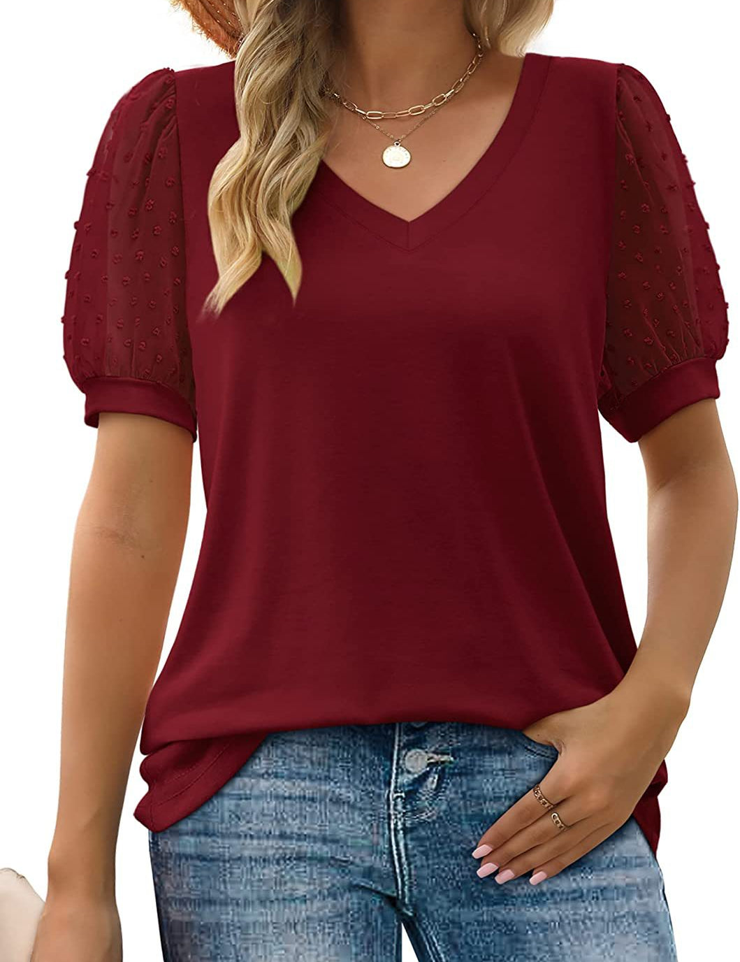 Sophia | Elegant Top with V-Neck Bordeaux Red Palm Tree T-Shirt