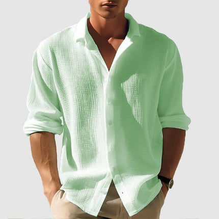 Men's Lapel Long Sleeve Shirt - Solid, Single Breasted for Fall & Spring Light Green Men T-Shirts