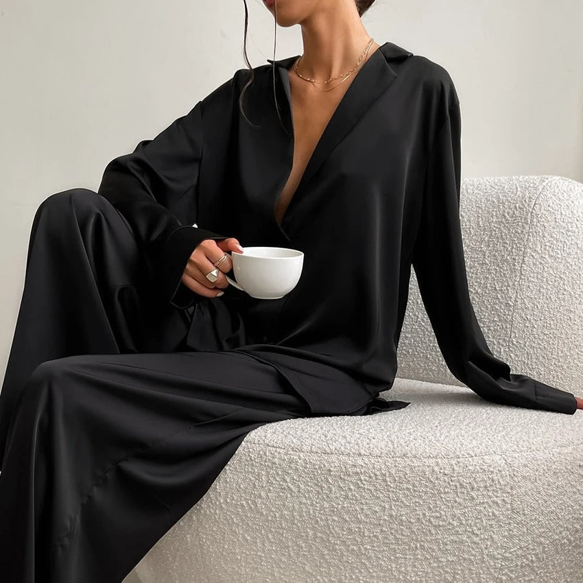 Ultra-Luxe Women’s Silk Wide-Leg Pajama Set Outfit Sets