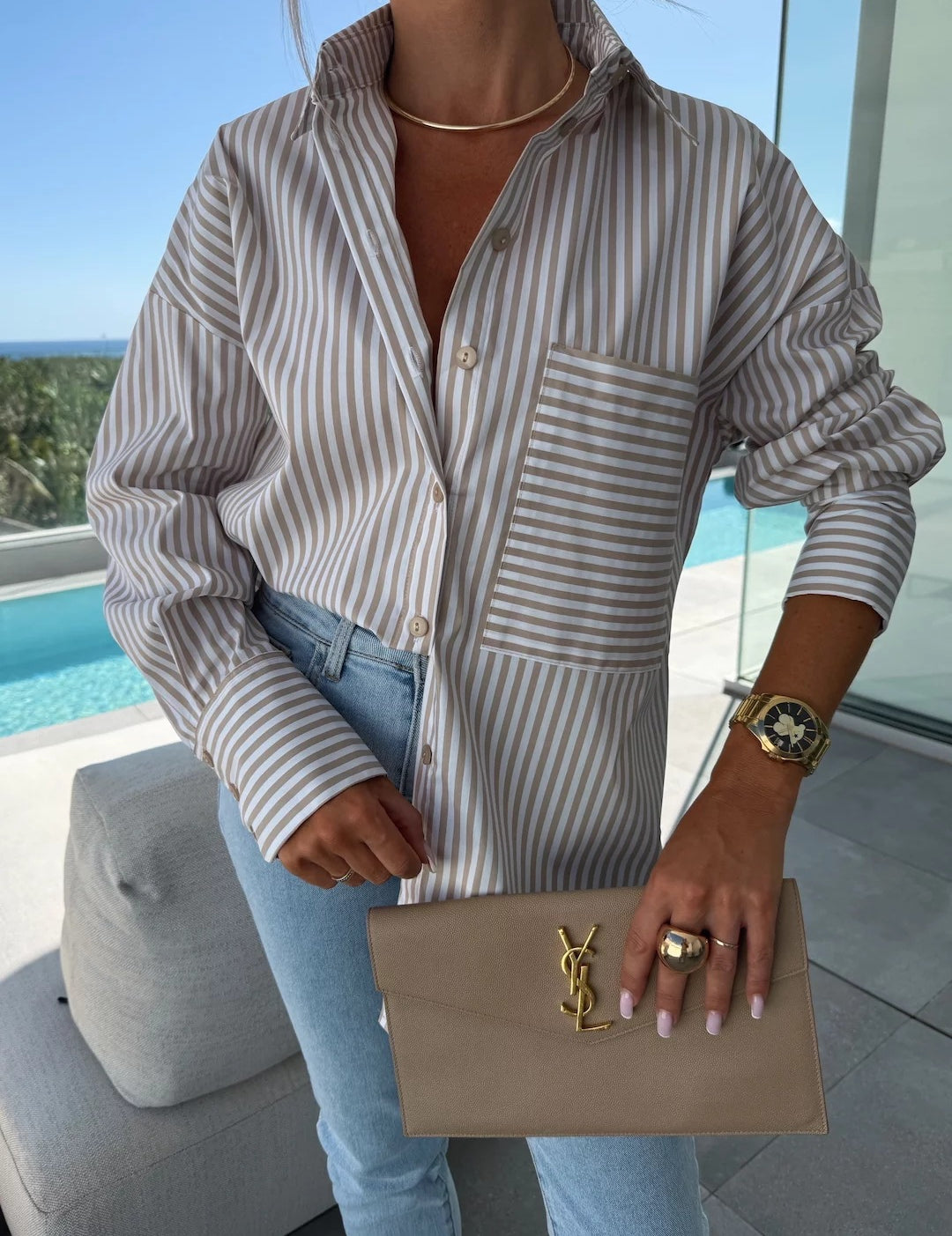 Spring Summer Women’s Striped Lapel Shirt Khaki Shirts