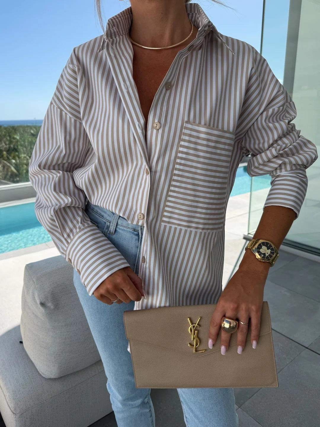 Spring Summer Women’s Striped Lapel Shirt Khaki Shirts