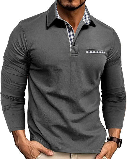 Casual Plaid Splicing Lapel Polo Shirt Fashion Solid Color Long Sleeve Top Men's Clothing Gray