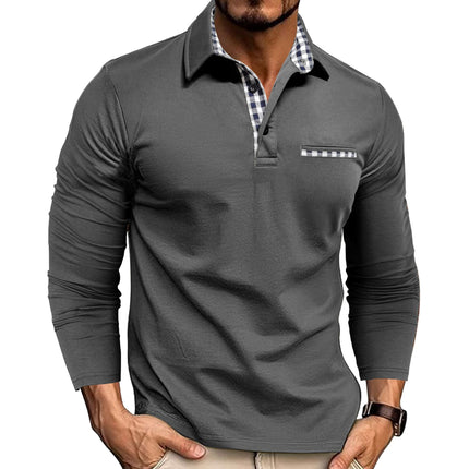 Casual Plaid Splicing Lapel Polo Shirt Fashion Solid Color Long Sleeve Top Men's Clothing Gray