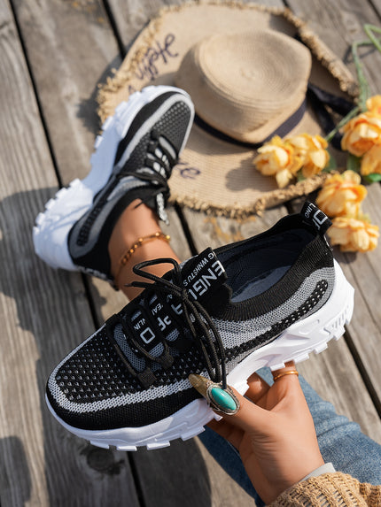 Women’s Flyknit Mesh Lace-Up Sneakers Black White Gray Sneakers