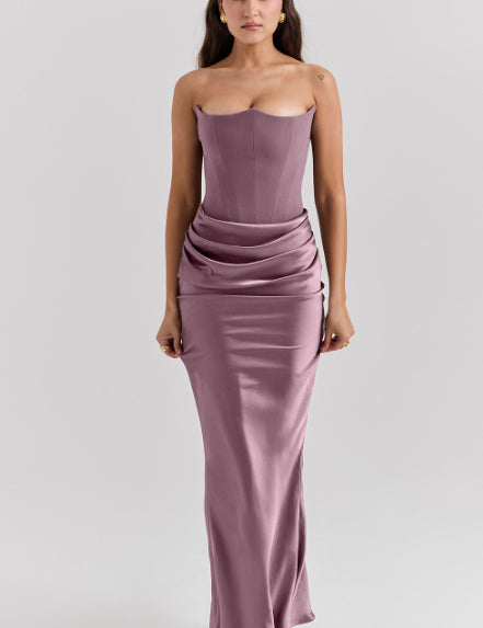 Elegant Strapless Backless Maxi Dress Purple Dresses