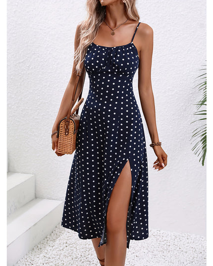 Polka Dot Split Suspender Maxi Dress Royal Blue Dresses
