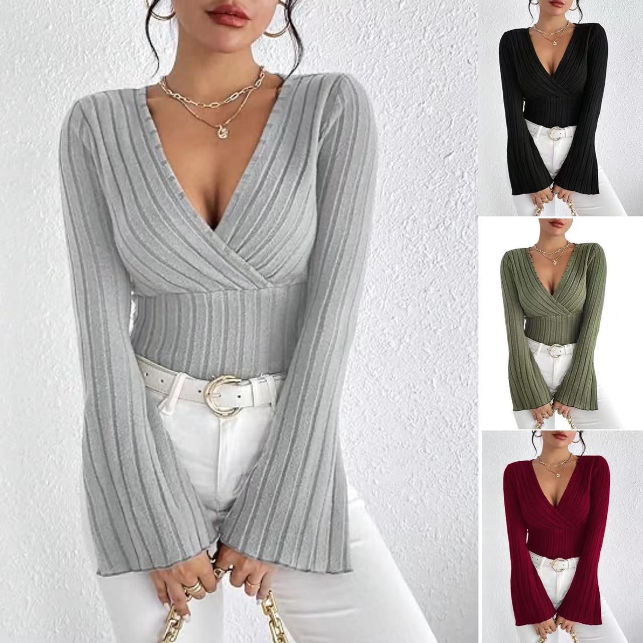 Women’s Ribbed Stripe V‑Neck Slim Fit Long-Sleeve Top Sweaters