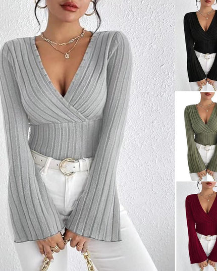 Women’s Ribbed Stripe V‑Neck Slim Fit Long-Sleeve Top Sweaters
