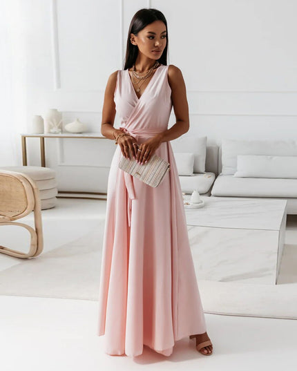 Women's V-Neck Sleeveless Belted Maxi Dress Lotus Root Color Dress