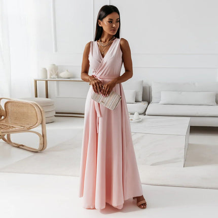 Women's V-Neck Sleeveless Belted Maxi Dress Lotus Root Color Dress