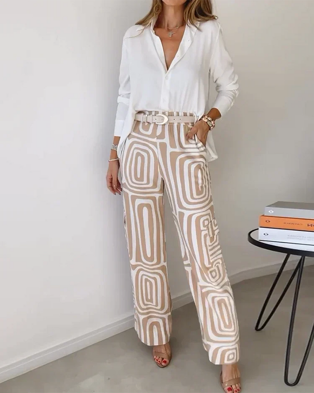 Amelia | Chic Wide-Leg Set – Blouse & Belt Included Khaki