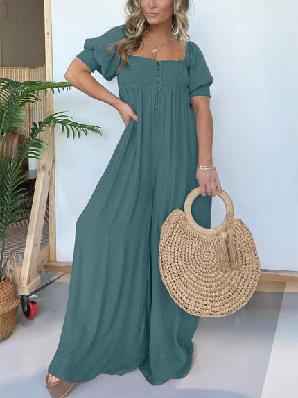 Wyn™ | Feminine Flair Smocked Jumpsuit Blue Jumpsuit