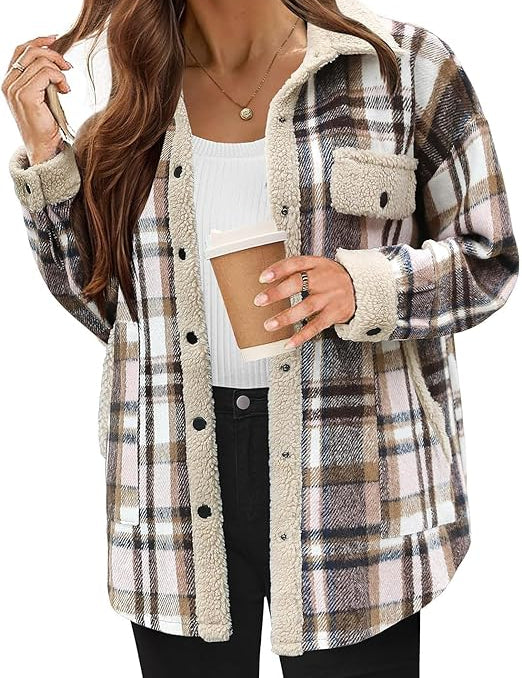 Women's Cozy Plaid Fleece Jacket Pink Fleece Jacket