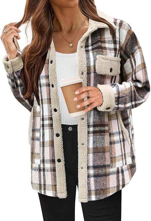 Women's Cozy Plaid Fleece Jacket Pink Fleece Jacket