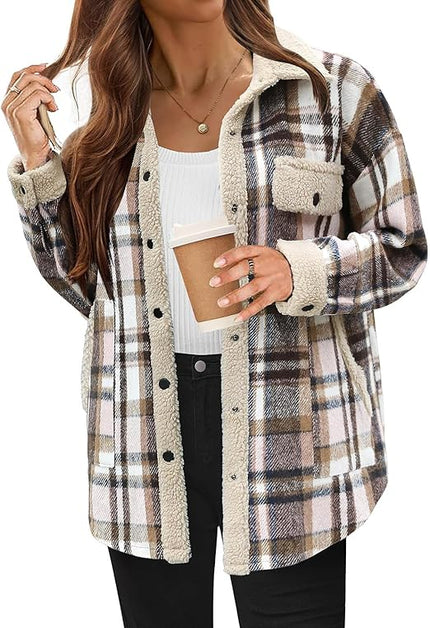 Women's Cozy Plaid Fleece Jacket Pink Fleece Jacket