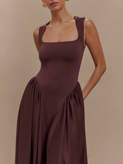 Minimalist Retro Square‑Neck Midi Dress Dresses