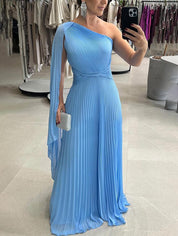 Elegant Off Shoulder Pleated Maxi Dress Blue Dresses