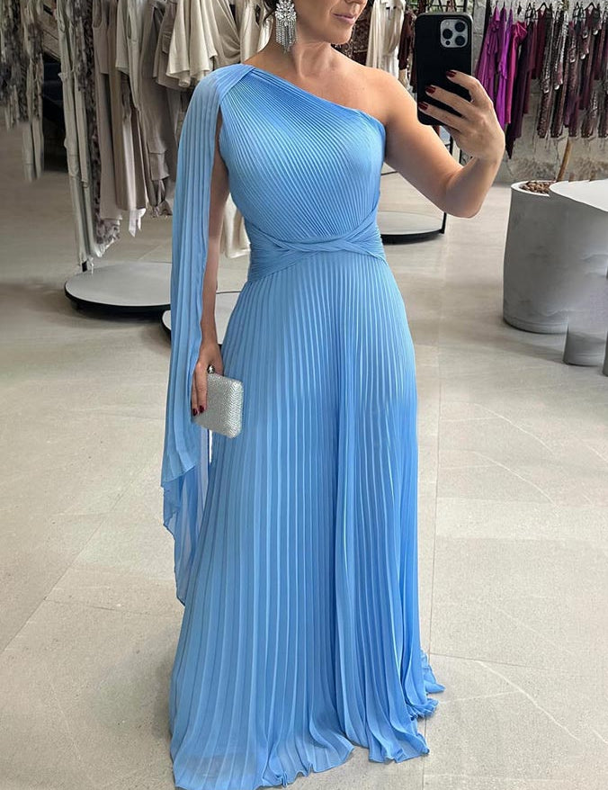 Elegant Off Shoulder Pleated Maxi Dress Blue Dresses