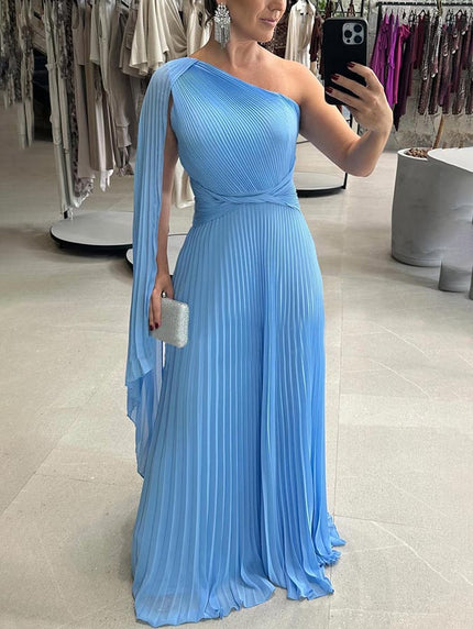 Elegant Flowing Pleated Off-the-Shoulder Maxi Dress Blue Dresses