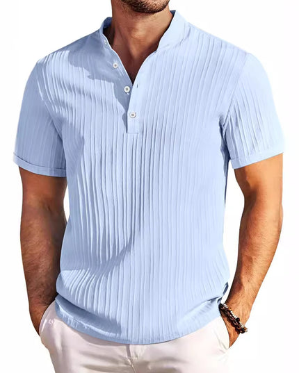 Men's Summer Stand Collar Button Short Sleeve Polo Shirt – Solid Color Striped Casual Beachwear Light Blue Polo Shirts