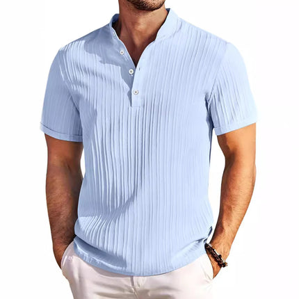 Men's Summer Stand Collar Button Short Sleeve Polo Shirt Light Blue Polo Shirts