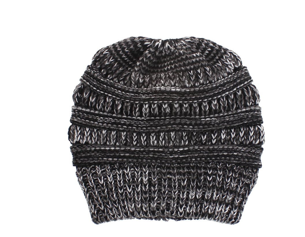 Women’s Mixed-Color Knitted Wool Ponytail Hat Black gray white Hats