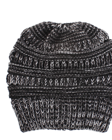 Women’s Mixed-Color Knitted Wool Ponytail Hat Black gray white Hats