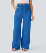 Elegant Linen Wide‑Leg Pants Blue Women Pants