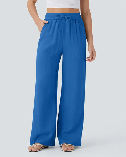 Elegant Linen Wide‑Leg Pants Blue Women Pants