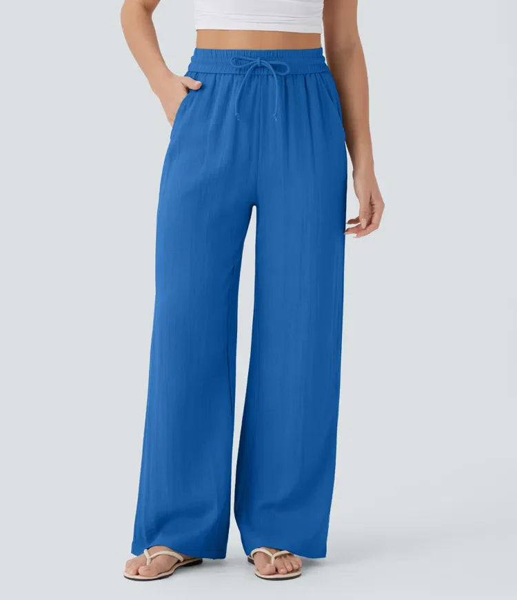 Elegant Linen Wide‑Leg Pants Blue Women Pants
