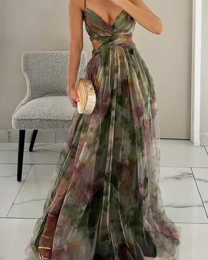 Elegant Printed Lace-Up Maxi Dress Dresses