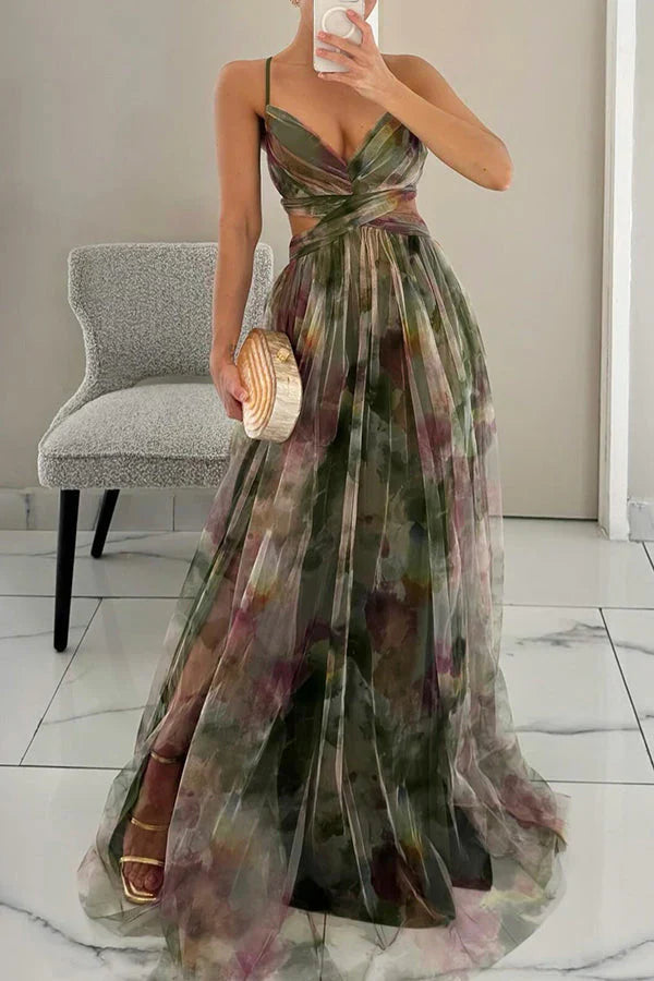 Elegant Printed Lace-Up Maxi Dress Dresses