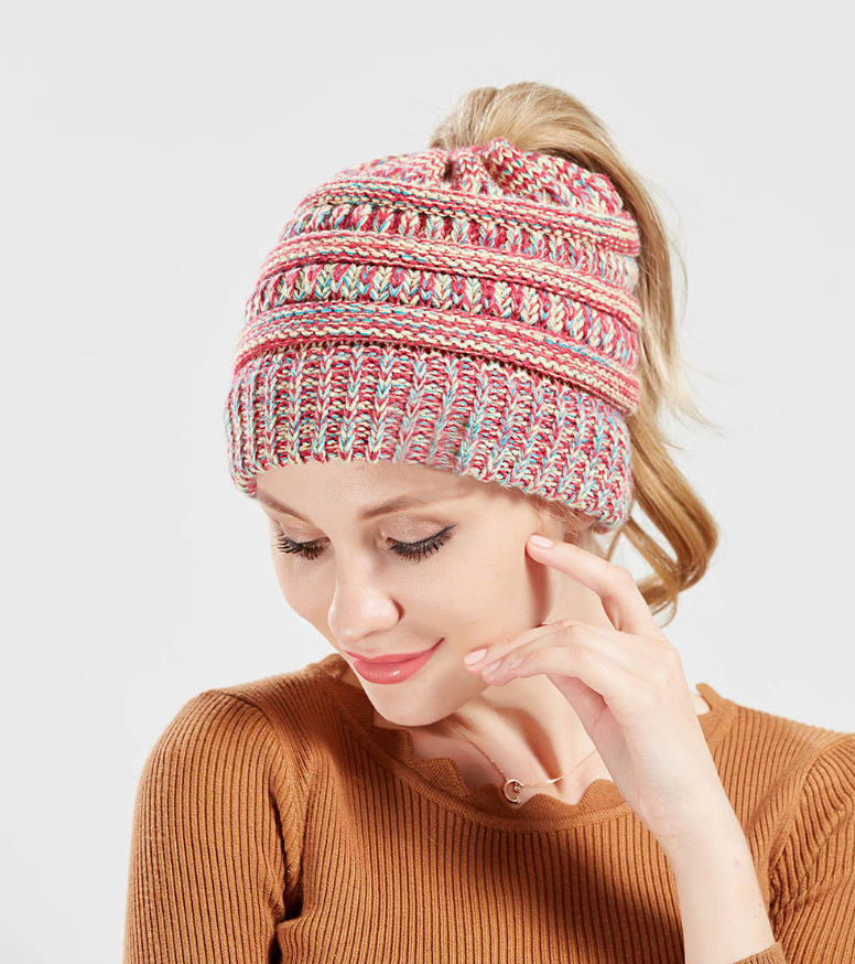 Women’s Mixed-Color Knitted Wool Ponytail Hat Hats