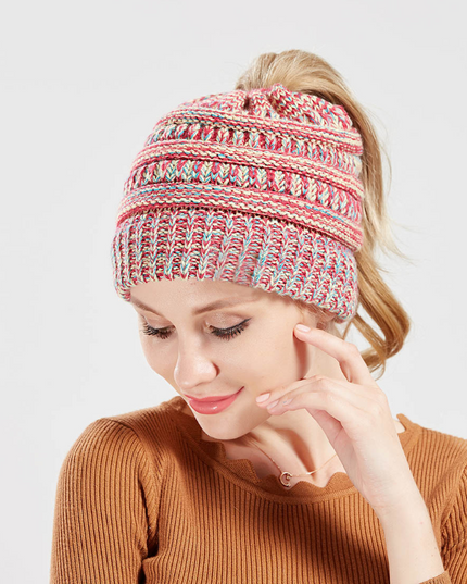 Women’s Mixed-Color Knitted Wool Ponytail Hat Hats