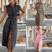 Women’s Sleeveless Lace‑Up Denim Midi Dress with Pockets & Lapel Dresses