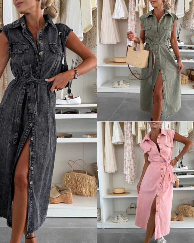 Women’s Sleeveless Lace‑Up Denim Midi Dress with Pockets & Lapel Dresses