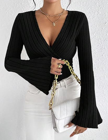 Women’s Ribbed Stripe V‑Neck Slim Fit Long-Sleeve Top Black Sweaters