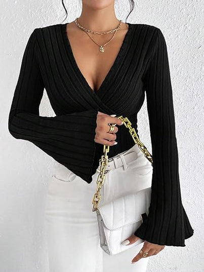 Women’s Ribbed Stripe V‑Neck Slim Fit Long-Sleeve Top Black Sweaters