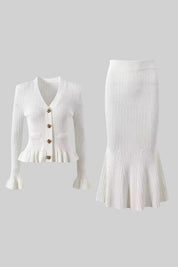 Pippa™ | White Ruffled Jacket & Flared Skirt Knit Matching Set Dresses