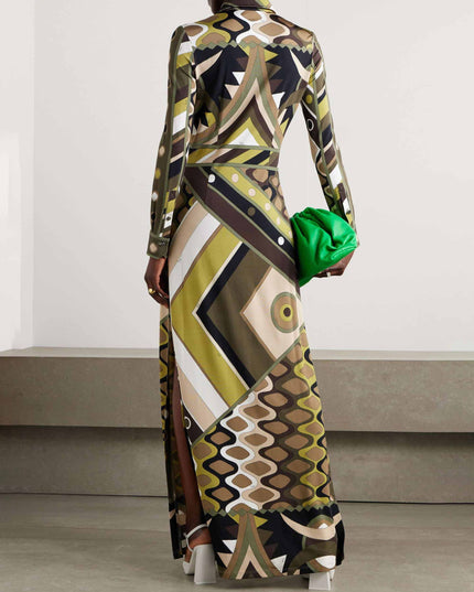 Retro Personality Abstract Print Long Sleeve Maxi Dress Dresses