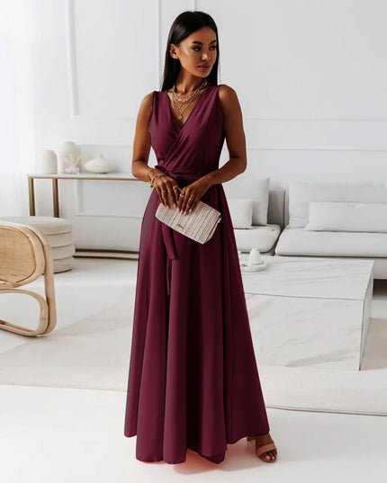 Women's V-Neck Sleeveless Belted Maxi Dress Wine Red Dress