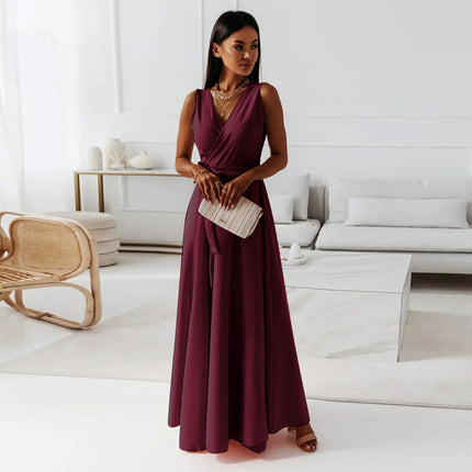 Women's V-Neck Sleeveless Belted Maxi Dress Wine Red Dress
