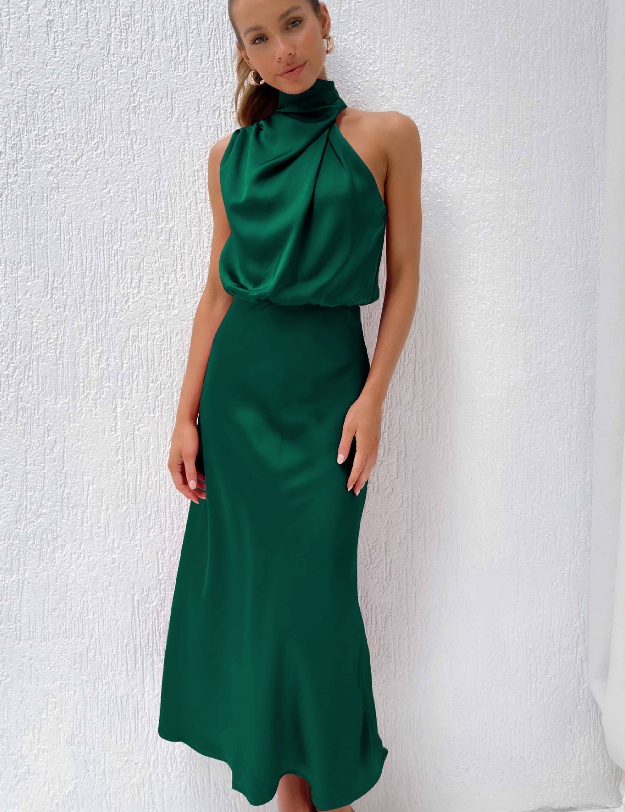 Carlina | Elegant Satin Long Dress with Halter Neckline Green Dresses