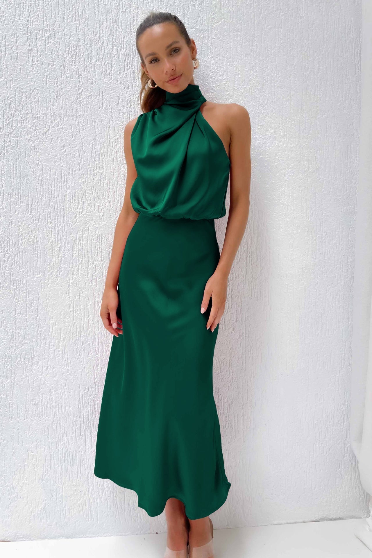 Carlina | Elegant Satin Long Dress with Halter Neckline Green Dresses