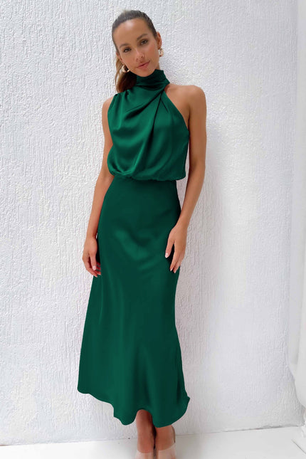 Carlina | Elegant Satin Long Dress with Halter Neckline Green Dresses