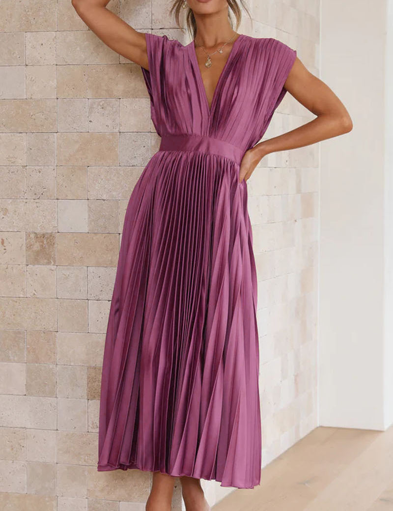 Summer V-Neck Pleated Sleeveless Dress Purple Dress