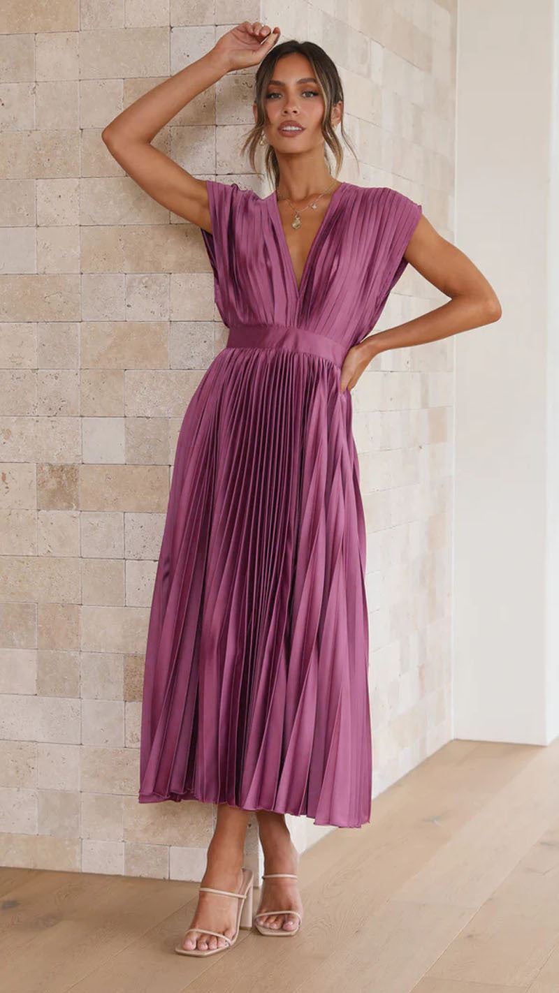 Summer V-Neck Pleated Sleeveless Dress Purple Dress